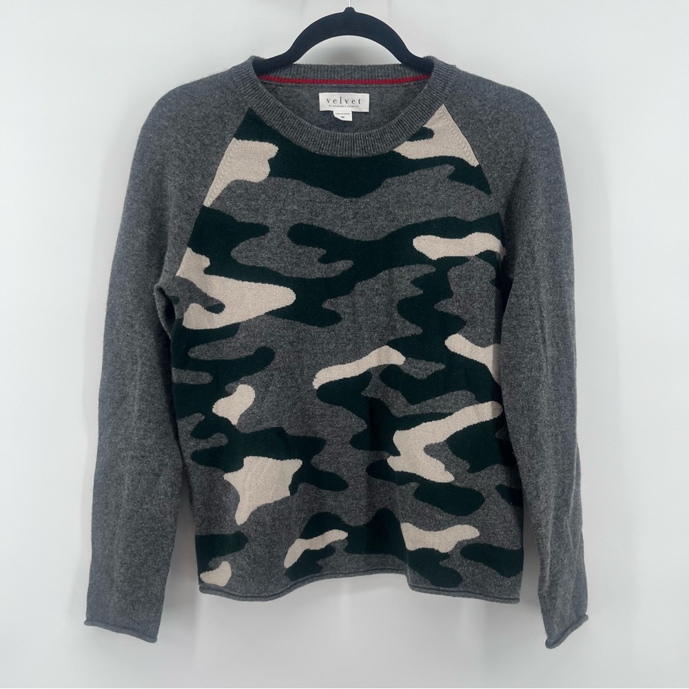 Velvet by Graham & Spencer Camo Print Crewneck Sweater 100% Cashmere Women's XS